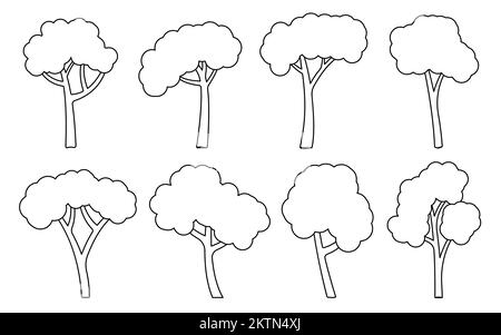 Schwarze Linie für Bäume. Malbuch Seite Wald Laub Landschaft Blumenelement. Eine andere Form der botanischen Parkpflanze. Natürlicher Ökogarten. Ahorneiche Birke Aspenasche Kontur zum Schneiden von Schablonenstempeln Stock Vektor