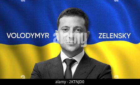 Einleitung mit ukrainischer Flagge. Bewegung. Einleitung mit Bild des Präsidenten der Ukraine vor dem Hintergrund der Flagge des Landes. Wladimir Zelensky mit der Flagge Ukr Stockfoto