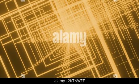 Bewegungssimulation mit rotierendem quadratischem Tunnel. Design. Neon-lineare Quadrate in rotierenden Tunneln. Schöner schwindelerregender Tunnel aus Neonquadraten. Stockfoto