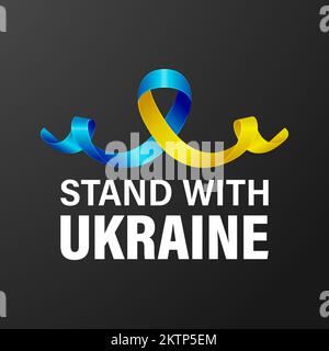 Stehe mit der Ukraine. Anti war Call mit dem Smbol des Friedens mit blauem und gelbem Seidenband. Farben Der Ukrainischen Flagge. Kampf, Protest, Unterstützung Der Ukraine Stock Vektor