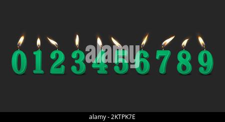 Vector 3D realistische Paraffin oder Wax Burning Green Birthday Party Kerzen, Zahlen und verschiedene Flamme einer Kerze Symbol Set isoliert. Designvorlage Stock Vektor