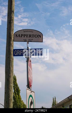 Sapperton-Schild bei Griffiths and Braid in New Westminster, British Columbia, Kanada Stockfoto