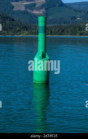 Grüne Steuerbord-Navigationsboje am Stave Lake in Mission, British Columbia, Kanada Stockfoto