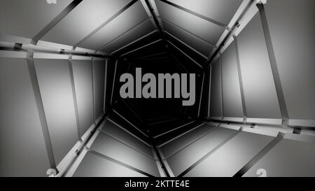 Abstrakter sechseckiger, monochromer beweglicher Tunnel. Design. Weiße geometrische Silhouetten erzeugen eine optische Täuschung Stockfoto