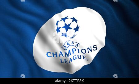 Abstrakte UEFA Champions League-Flagge für den jährlichen Club-Fußball-Wettbewerb. Bewegung. Realistische Flagge mit Logo. Nur zur redaktionellen Verwendung Stockfoto