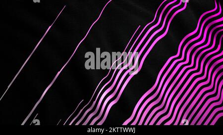 Diagonal gestreiftes Textilgewebe, das sich auf dem Wind windet. Bewegung. Pinkfarbene schmale Linien auf schwarzem Fahnentuch Stockfoto
