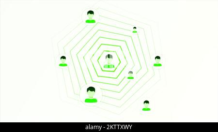 Weißer Hintergrund. Bewegung.Hellgrüne Linien, bei denen die Symbole von Personen abstrakt miteinander verbunden sind, um anzuzeigen, dass der Benutzer online ist. Hochwertige 4K-Aufnahmen Stockfoto
