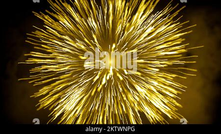 Ein Slow-Motion-Feuerwerk auf schwarzem Hintergrund. Bewegung. Buntes Feuerwerk, das am Nachthimmel zwischen Wolken explodiert Stockfoto