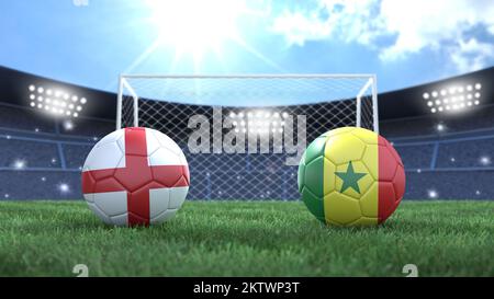 Zwei Fußballbälle in Flaggenfarben auf einem leuchtend verschwommenen Hintergrund. England gegen Senegal. 3D-Bild Stockfoto