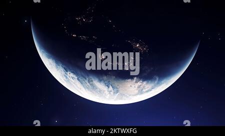 Blick auf die Milchstraße. Bewegung. Ein großer, blau gezackter Planet Erde, der sich in Animation um seine Achse dreht. Hochwertige 4K-Aufnahmen Stockfoto