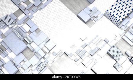 Konzept der 3D-Modellierung und -Architektur. Bewegung. Komplexe Textur mit breiteren Blöcken und Figuren Stockfoto