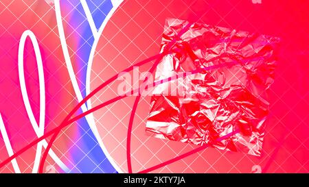 Zerknittertes quadratisches Papierblatt innerhalb eines roten Kreises mit dahinter liegenden Biegelinien. Bewegung. Farbenfrohe Abstraktion mit Formen Stockfoto