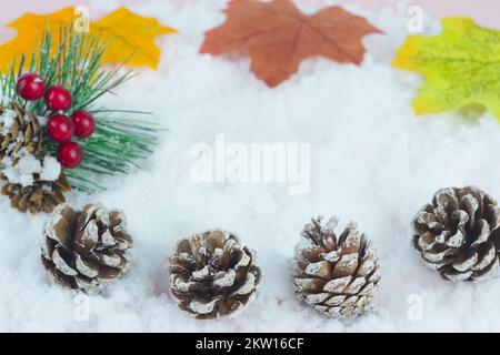 Auf dem Schnee sind Ahornblätter gefallen Stockfoto