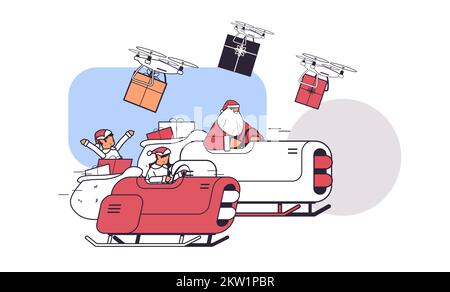 Elfen mit weihnachtsmann fahren Schlitten Auto mit Geschenken fröhlich weihnachten frohes neues Jahr Winterferien Feier Stock Vektor