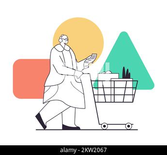 Seniorin mit einem Einkaufswagen, der die Einkaufsliste im Supermarkt überprüft Stock Vektor