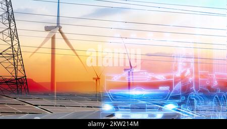 Blauer Elektrofahrzeug-Anhänger/Auflieger grünes Wasserstoffkonzept. Nachhaltige erneuerbare Energien. Sonnenkollektoren und Windturbinen mit Himmel. Saubere Energie. Stockfoto