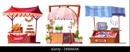Marktstände mit Blumen, Bäckerei und Meeresfrüchten. Lebensmittel und Pflanzen hölzerne Kioske mit Zelten, traditioneller Marktplatz isoliert auf weißem Hintergrund, Vektorgrafiken Stock Vektor
