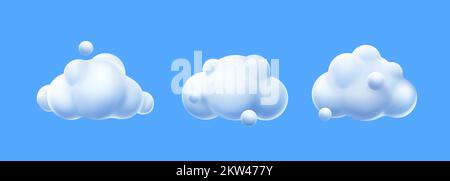 3D weiße Wolken, süße, flauschige Spindrift abgerundete Cumulus Eddies. Fliegende Wetter- und Naturelemente Ballons isoliert auf blauem Hintergrund, Illustration im Cartoon-Plastik-Stil, Ikonen Stock Vektor