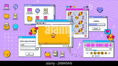 Y2K Fenster auf dem PC-Desktop. Retro-Bildschirm im retrowave, Vaporwave 90s-Stil mit Hipster-Stickern mit Lächeln, Videoplayer, Nachrichtenboxen und Popup-Elementen der Benutzeroberfläche, Vector ux-Design Stock Vektor