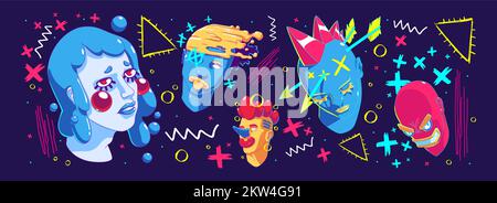 Abstrakte Illustration mit zeitgenössischen Porträts und modernem Vektordesign. Kreative surreale Kunst männlicher und weiblicher Charaktere mit seltsamen Frisuren und Doodle-Elementen und linearen Cartoon-Grafiken Stock Vektor