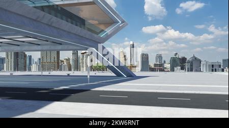 Ausblick auf den leeren Betonboden und das moderne Dachgebäude mit Sonnenaufgang und Stadtlandschaft. Gemischte Medien Stockfoto