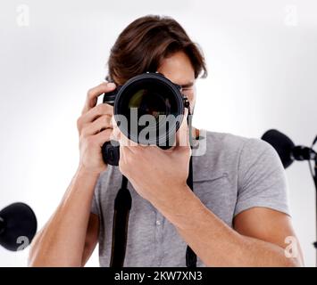 Sagen Sie Käse. Nahaufnahme eines Fotografen, der Ihr Bild aufnehmen wird. Stockfoto
