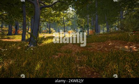 3D Rendern. Eine immersive natürliche Umgebung. Landschaft, um nachhaltige Entwicklungsziele und den Schutz von Ökosystemen zu veranschaulichen. Stockfoto