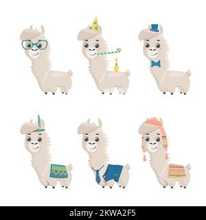 Sammlung süßer Alpaka in verschiedenen Kostümen. Lustige lächelnde Tiere mit Gesichtsgläsern, Geburtstagskappe, Zylinder, Krawatte und Hut für Kinderzimmer-Design, Stock Vektor