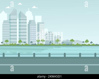 Stadtbild mit modernen Wolkenkratzern und Wasser im Hintergrund. Blick auf die Skyline mit Gebäuden von der Straße. Vektordarstellung in Flachstall Stock Vektor