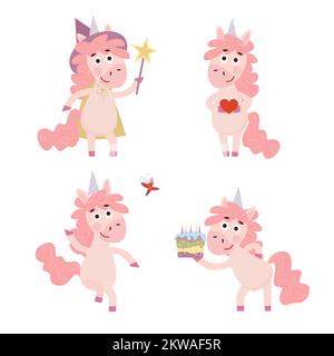Sammlung von lustigen Cartoon-Einhorn. Geburtstagsparty-KONZEPTSET. Fröhliche Einhorn-Figur mit Kuchen, Herz und Zauberstab. Darstellung isolierter Vektoren Stock Vektor