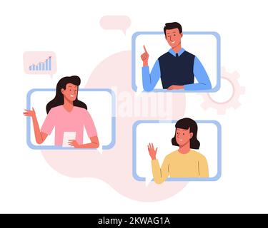Virtuelles Online-Meeting, Kollegen sprechen miteinander. Personen, die online chatten. Videokonferenz, Arbeit von zu Hause aus. Vektordarstellung für Zusatzsteuergerät Stock Vektor