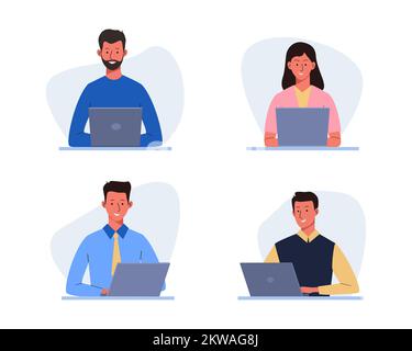 Eine Geschäftsfrau und ein Mann, die mit Notebooks arbeiten. Sammlung weiblicher und männlicher Figuren mittels Computer. Arbeiter in Unternehmen, junge Leute lernen Stock Vektor