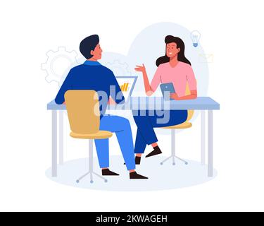 Geschäftstreffen im Büro mit Laptop. Geschäftsmann und Geschäftsfrau reden. Vektordarstellung in flacher Form Stock Vektor