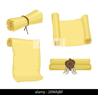 Cartoon, alte Papierrolle und Pergament-Vektorset. Offenes und zusammengefliestes antikes Manuskript isoliert auf weißem Hintergrund Stock Vektor