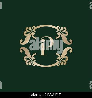Logo mit Buchstabe P und luxuriösem goldenen Rahmen. Elegantes Geschwungenes Blumenmuster. Stock Vektor