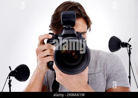 Sagen Sie Käse. Nahaufnahme eines Fotografen, der Ihr Bild aufnehmen wird. Stockfoto