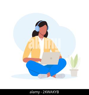 Eine Studentin mit Kopfhörern, die mit einem Laptop lernt. Online-Fernunterrichtskonzept. E-Learning durch Webinar-Schulung oder Vorlesung. Flache Vektorbeleuchtung Stock Vektor