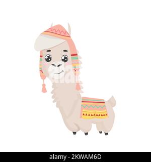 Süßer Cartoon Alpaca mit Hut und Decke. Lustiges lächelndes Tier für Kinderzimmer-Design, T-Shirt, Grußkarte, Plakatvorlage Stock Vektor