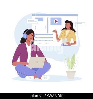 Eine Schülerin mit Kopfhörern, die mit einem Laptop lernt und zuhört. E-Learning durch Webinar-Schulung, Videokonferenz oder Vorlesung, Online-Distan Stock Vektor