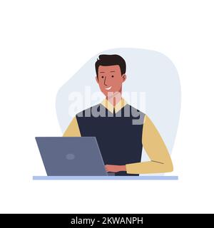 Mann am Desktop, der mit einem Notebook arbeitet. Arbeiter, junge Leute lernen online. Freiberufler oder Büroangestellter. Vektordarstellung in flacher Form Stock Vektor