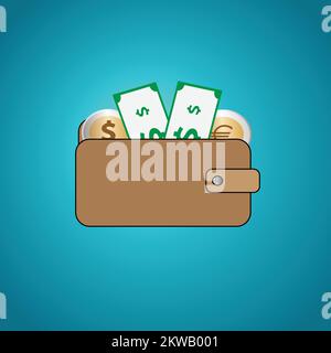 Brieftaschensymbol mit Banknoten und Münzen Stock Vektor