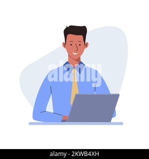 Mann am Desktop, der mit einem Notebook arbeitet. Männlicher Charakter, der Computer benutzt. Arbeiter, junge Leute lernen online. Freiberufler oder Büroangestellter. Ve Stock Vektor