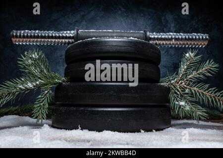 Gym-Kurzhanteln-Gewichtsteller, Weihnachtsbaumzweige auf Schnee. Fitness-Feiertage Winterzusammensetzung. Workout-Konzept, Training bei kaltem Wetter. Stockfoto
