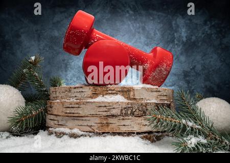 Hanteln auf Holzscheiben, Weihnachtsbäume auf Schnee. Zusammensetzung der Fitness-Feiertage. Winter-Workout-Konzept, Training bei kaltem Wetter. Stockfoto