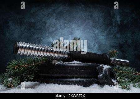 Kurzhanteln Belagplatten und Weihnachtsbaumzweige auf Schnee. Fitness-Feiertage Winterzusammensetzung. Fitnesskonzept mit Kopierbereich. Stockfoto