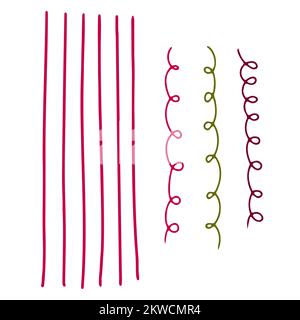 Vektor-Kritzelwellen-Locken, Linien. Rosa, grüne Farben Blättern durch Pinselstriche von Farbe, die auf weißem Hintergrund isoliert sind. Handgezeichnete Illustration für Sommerdrucke Stock Vektor