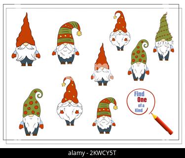Ein Puzzlespiel für Kinder, finde das einzigartige. Weihnachtsgnom Mit Zeichentrickfilm. Stock Vektor