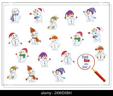 Ein Puzzlespiel für Kinder, finde das einzigartige. Cartoon Schneemann. Stock Vektor