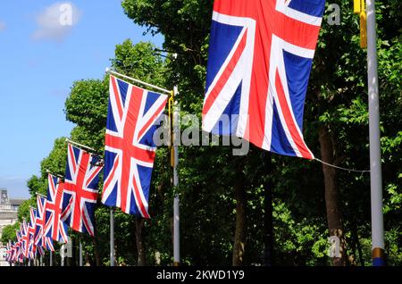 Queen Elizabeth II. Platinum Jubilee: Nahaufnahme von Union Jack Flaggen und Bäumen entlang der Mall, London, England Stockfoto