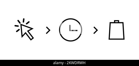 Klicken Sie auf und holen Sie Ihre Bestellung ab. Symbole für den Warenlieferungsprozess gesetzt Stock Vektor
